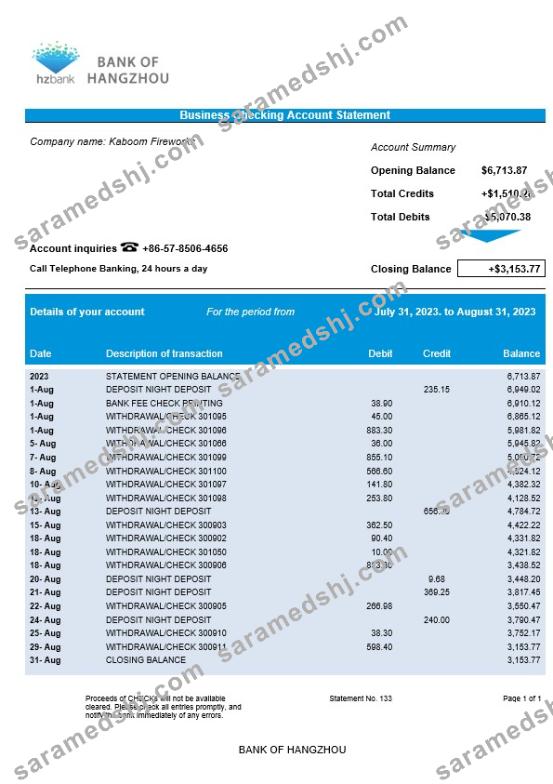 Bank of Hangzhou company statement Word and PDF template